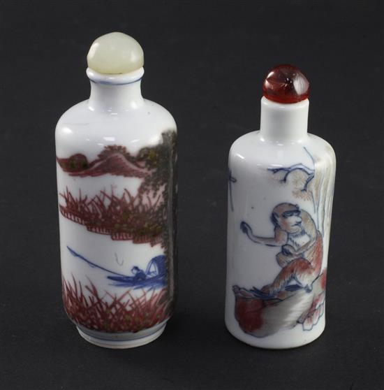 Two Chinese underglaze blue and copper red cylindrical snuff bottles, 1830-1900, 7cm